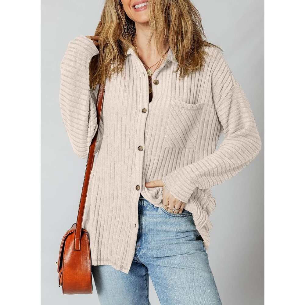 Women's Long Sleeve Beige Button Down Jacket Shirts Loose Sweater Blouses Tops - Picture 9 of 9
